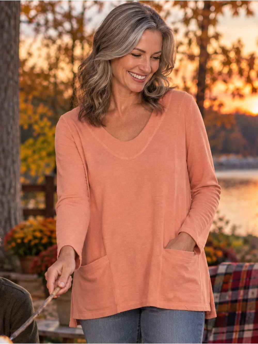 Soft Surroundings L Coral Modal Cotton Cozy Pocket Tunic Top Long Sleeve